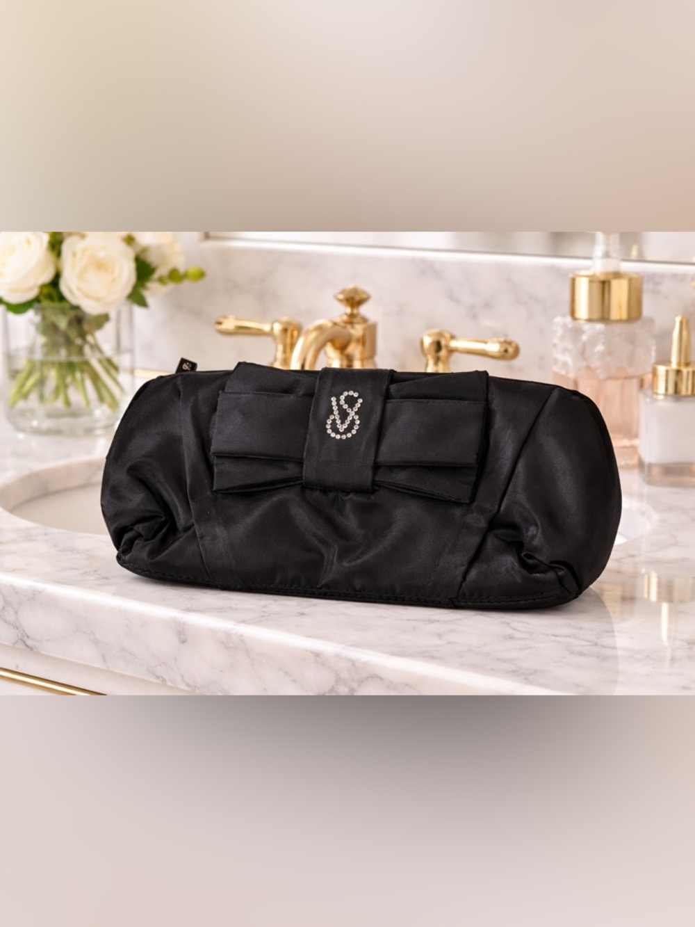 Victorias Secret-Black Satin Clutch with VS Rhinestone Logo